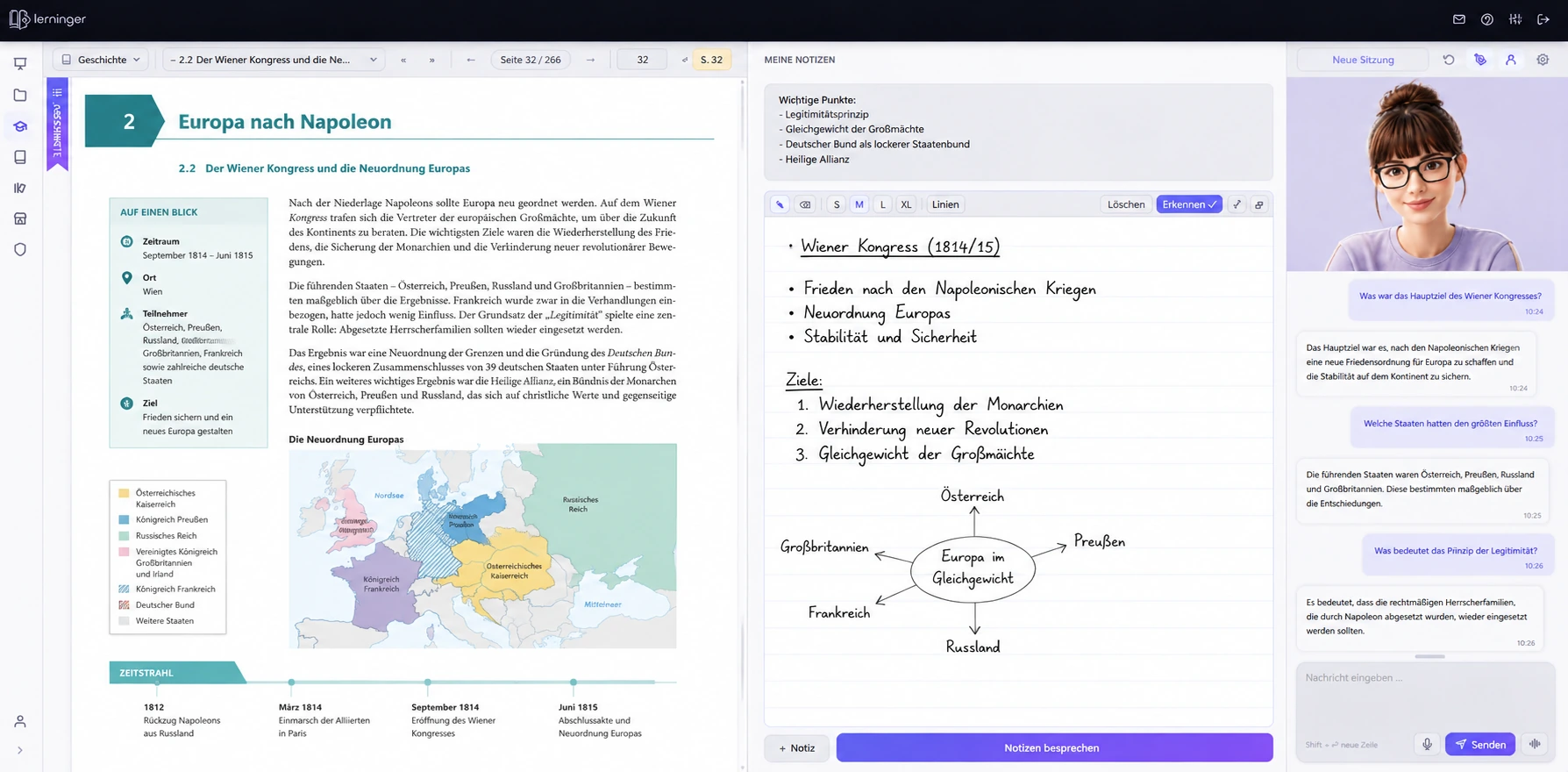 lerninger im Browser: PDF-Reader mit markiertem Kapitel links, handschriftliche Notizen in der Mitte, KI-Tutor-Chat rechts