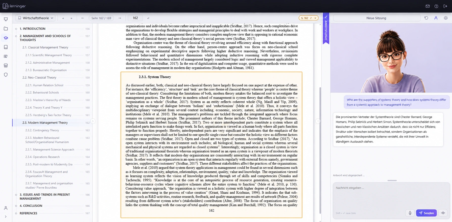 Erkunden: markierte Textstelle im Buch links, Frage und Antwort des Tutors im Chat rechts